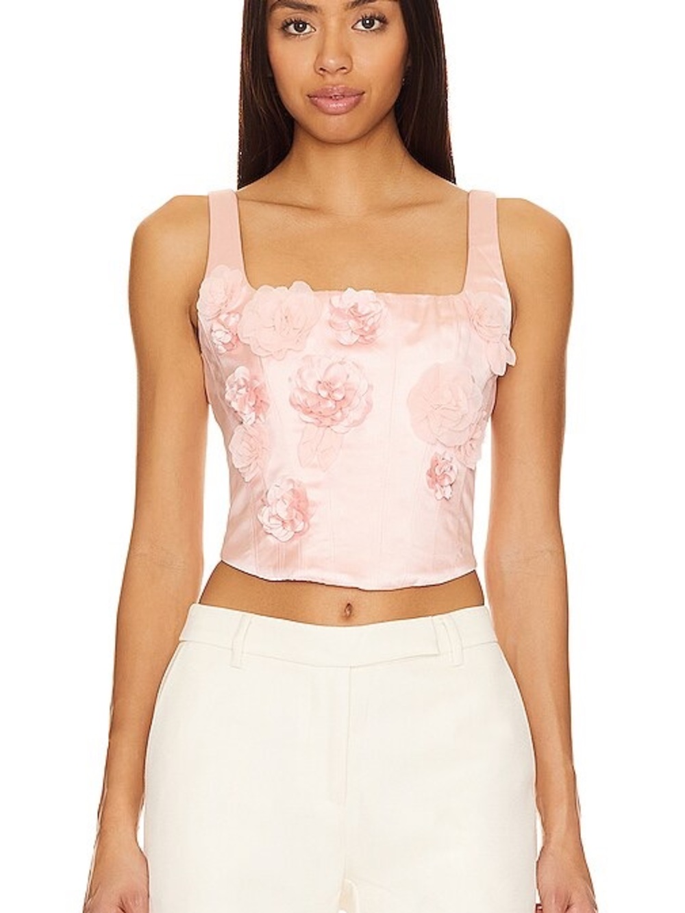 LOVESHACKFANCY
Lorelai appliquéd satin bustier top